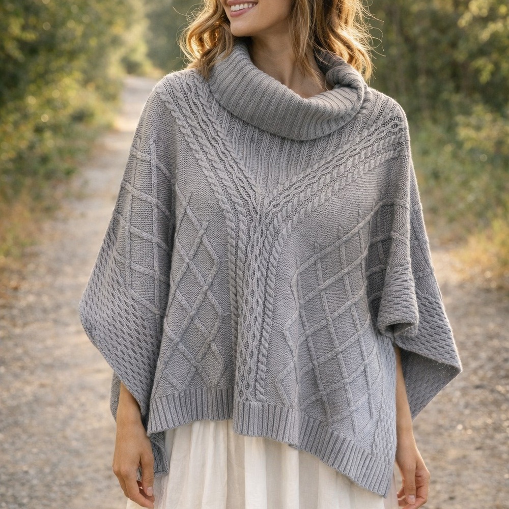 Cable-Knit Cowl Neck Poncho Sweater - Gray